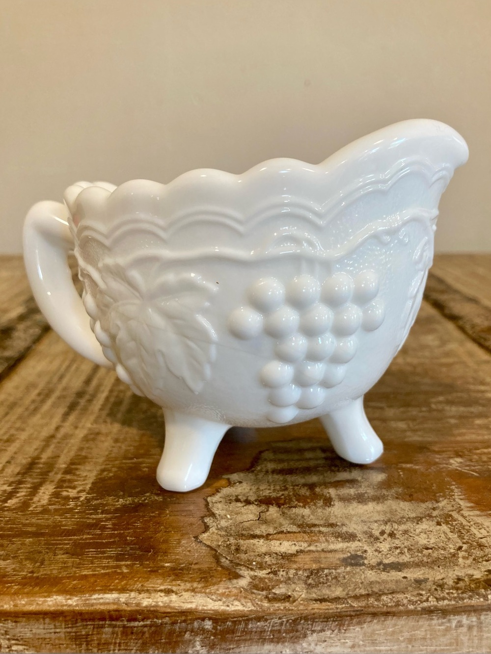 Vintage Imperial Milk Glass Creamer with Embossed Grape Vine Pattern